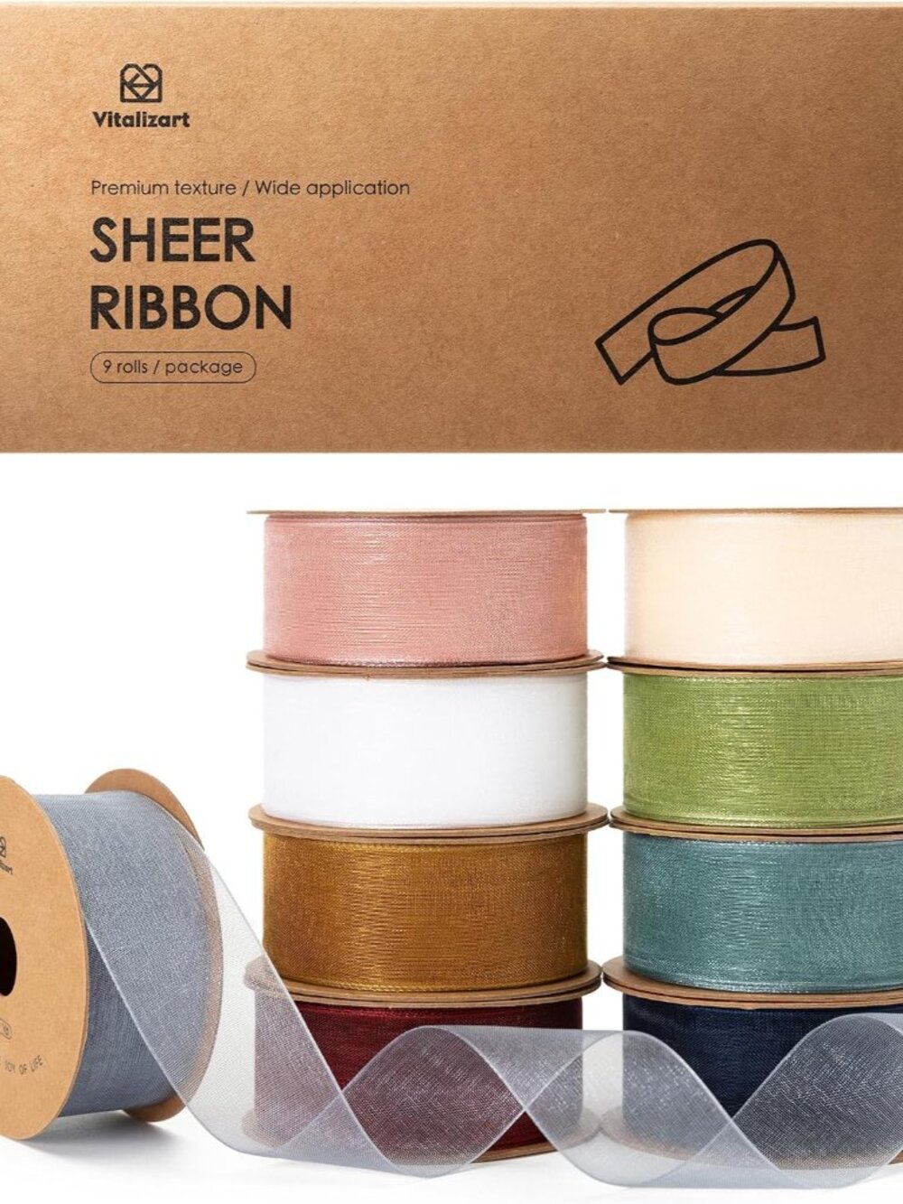 1" x 90Yd Organza Ribbon Mixed Color Sheer Ribbons Set 10 Yd x 9 Rolls Handmade